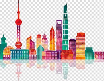 Multicolored building illustration, Shanghai Skyline Illustration, Colorful Shanghai city building silhouettes transparent background PNG clipart