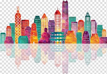 Multicolored city skyline , Hong Kong Skyline illustration Illustration, Colorful city building silhouettes transparent background PNG clipart