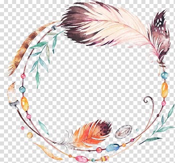 Multicolored feather frame border, Hand-painted circle feather transparent background PNG clipart