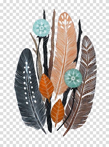 Multicolored feathers digital illustration, Watercolor painting Art Printmaking Illustration, Feathery leaves transparent background PNG clipart