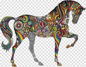 Multicolored floral horse illustration, Horse Wall decal Black Color Pattern, Colorful animals creative personality transparent background PNG clipart
