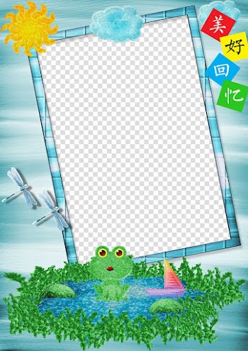 Multicolored frame with frog and Kanji text illustration, Child Dog Cuteness, Children grow up album memories transparent background PNG clipart