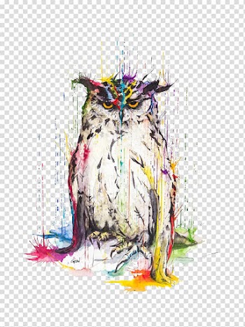 Multicolored owl illustration, Great Horned Owl Watercolor painting Art, Design owl watercolor spray transparent background PNG clipart