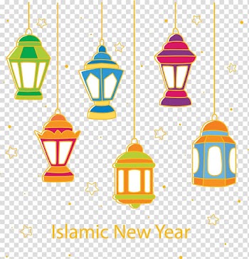 Multicolored pendant lamps Islamic New Year , Light Lantern , painted Lighting transparent background PNG clipart