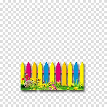 Multicolored wooden fence and flowers art, Picket fence Flower garden , Color cartoon fence transparent background PNG clipart
