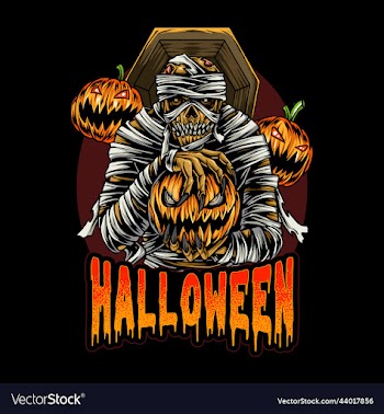 mummy holding halloween pumpkin in the dark night
