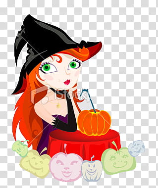 Munequitas , witch sitting beside table with pumpkin illustration transparent background PNG clipart