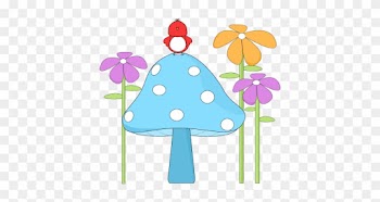 Mushroom With A Bird And Flowers - Birds And Flower Clipart