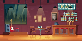 Music bar, pub cartoon  empty interior with illuminated signboard Free Vector