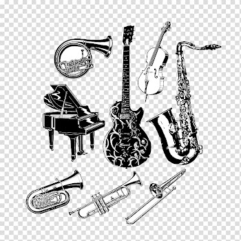 Musical Instruments Music Tuba, Eight black and white hand-painted musical instruments transparent background PNG clipart
