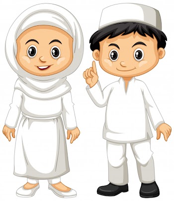 Muslim boy and girl in white outfit Free Vector