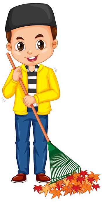 Muslim boy raking leaves on isolated Free Vector