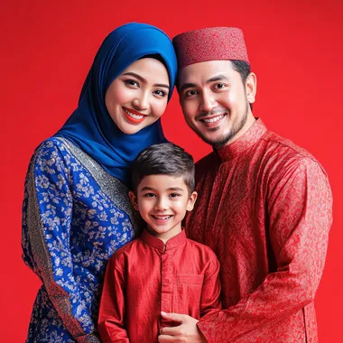 Muslim family portrait in studio: mother, father, and son, joyful pose Muslim family portrait in studio: mother, father, and son, joyful pose