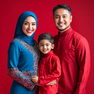 Muslim family portrait in studio with mother, father, and son, joyful. Muslim family portrait in studio with mother, father, and son, joyful.