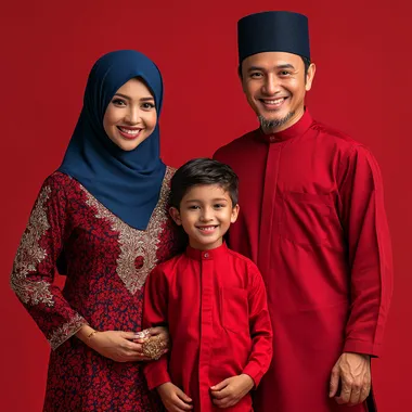 Muslim family portrait in studio with vibrant red backdrop and smiles Muslim family portrait in studio with vibrant red backdrop and smiles