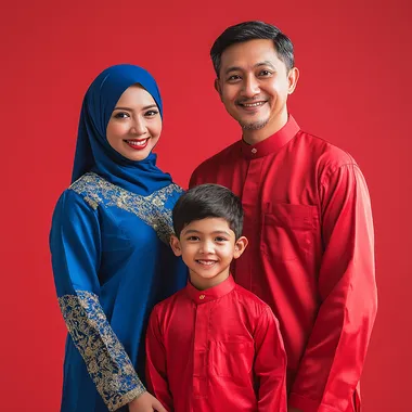 Muslim family portrait: joyful 29-year-old mother, 30-year-old father, 14-year-old son in studio with red background