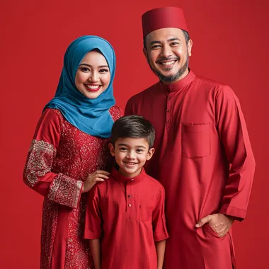 Muslim family portrait with mother, father, and son in studio setting Muslim family portrait with mother, father, and son in studio setting
