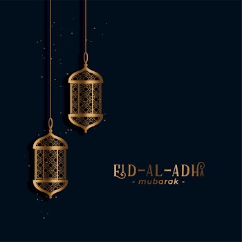 Muslim holiday eid al adha greeting with golden lamps Free Vector