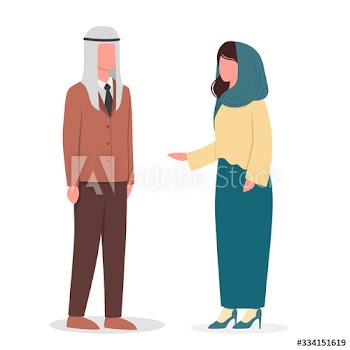 Muslim woman and man talk to each other