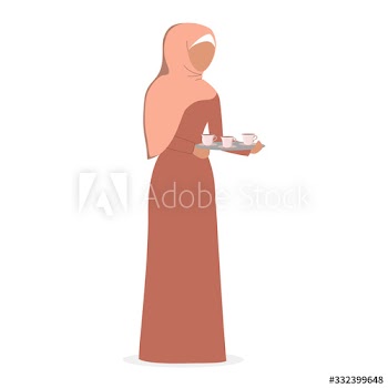 Muslim woman holding a tray with cup of tea
