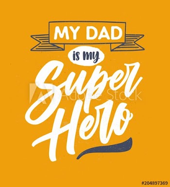 My Dad Is My Super Hero lettering written with elegant calligraphic cursive font on orange background and decorated with ribbon