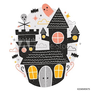 Mysterious haunted castle, cute funny scary ghosts and bats flying around against starry night sky on background