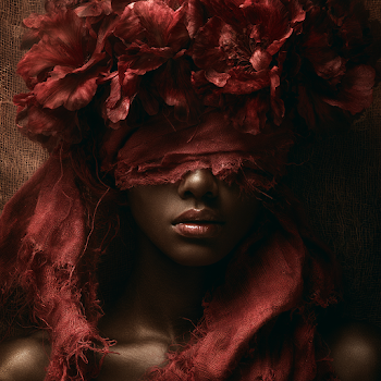 Mysterious Portrait of a Black Woman with Red Flowers