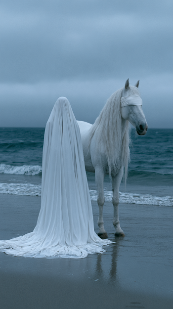 Mysterious Veiled Woman with White Horse on the Seashore