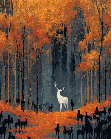 Mystic White Deer Among Autumn Silhouettes Mystic White Deer Among Autumn Silhouettes