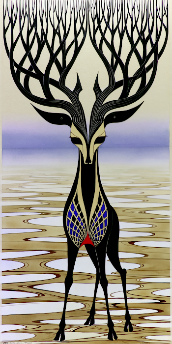 Mystical Deer with Branch Antlers in Foggy Landscape