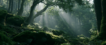 Mystical Moss-Covered Forest with God Rays