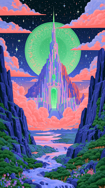 Mystical Mountain Landscape with Neon Castle