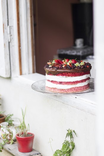 Naked Strawberry Cake in Open Window