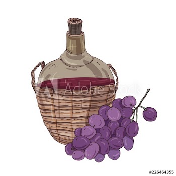 National Georgian red wine in bottle in straw basket and bunch of grapes