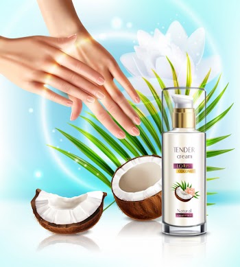 Natural coconut cosmetics skincare pump dispenser products realistic advertising composition with woman applying hand cream Free Vector