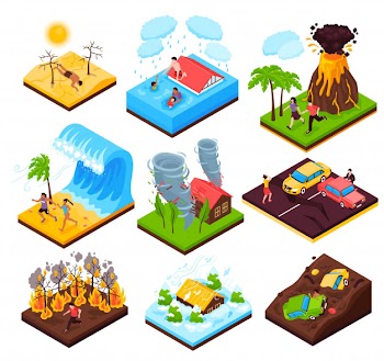 Natural disaster  set of eruption wildfire flood tornado drought tsunami isometric compositions isolated Free Vector