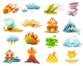 Natural disasters cartoon icons set Free Vector