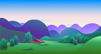Natural morning landscape with hills and camping tent on meadow - vector illustration. Free Vector