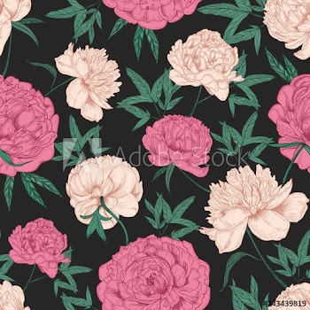 Natural seamless pattern with beautiful peony flowers hand drawn on black background