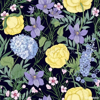 Natural seamless pattern with elegant blooming flowers and flowering herbaceous plants on black background