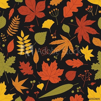 Natural seamless pattern with fallen leaves and berries scattered on black background