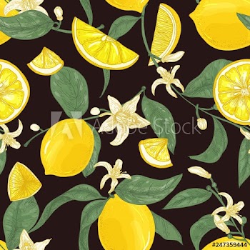 Natural seamless pattern with fresh juicy lemons, whole and cut into pieces, branches with blooming flowers and leaves on black background