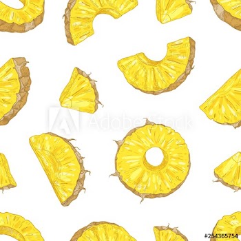 Natural seamless pattern with juicy pineapple pieces and slices on white background
