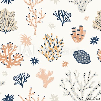 Natural seamless pattern with orange and blue corals, seaweed or algae