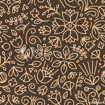 Natural seamless pattern with outlines of blooming flowers and leaves on dark background