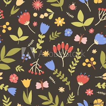 Natural seamless pattern with wild blooming plants on black background