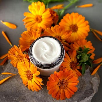 Natural Skincare Cream Surrounded by Marigold Flowers