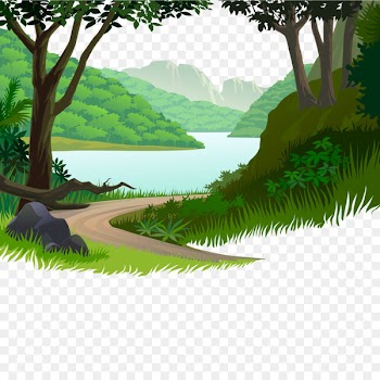 Nature Cartoon Illustration - Mountain road small river 