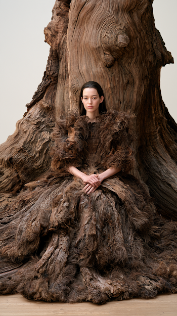 Nature-Inspired Fashion with Giant Tree Backdrop