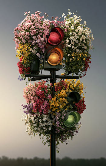 Nature-Inspired Traffic Light Covered in Blooming Flowers